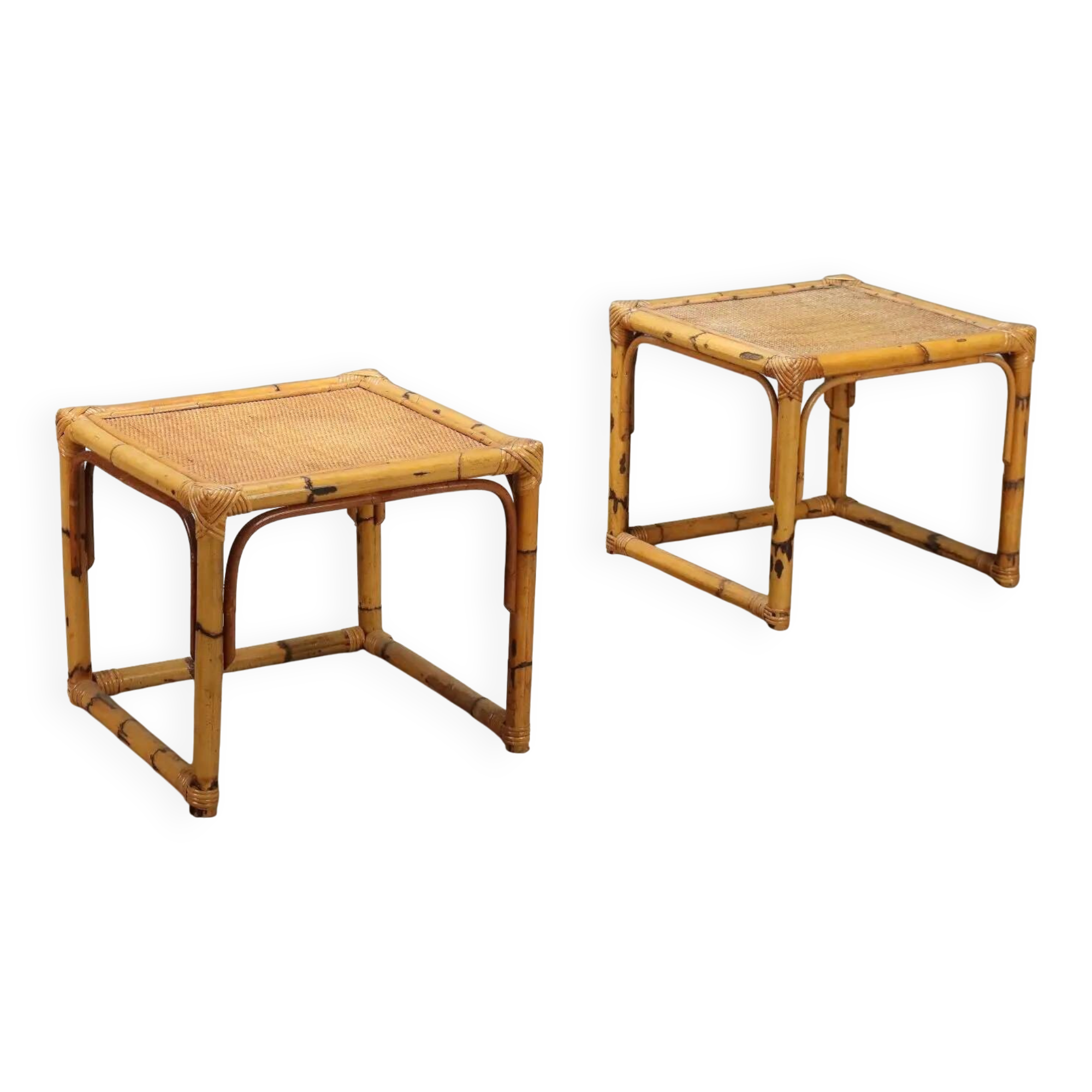 Vintage coffee tables in walnut and bamboo, Italian design 1970s-1980s.