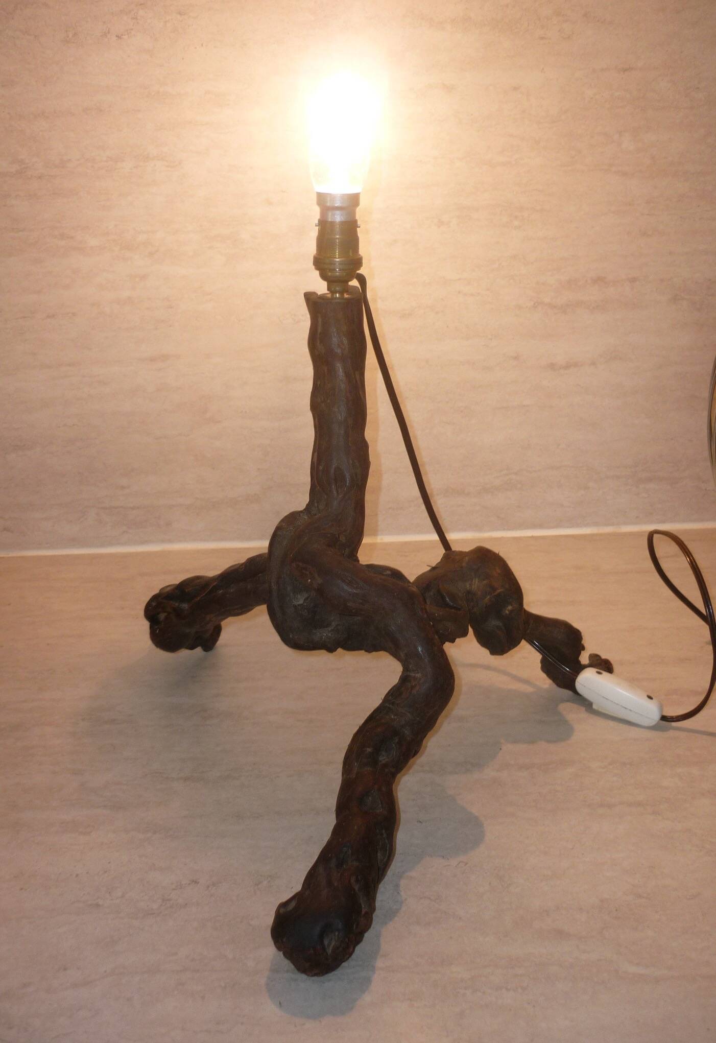 Brutalist lamp in vine stock and vintage rope or fabric lampshade