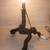 Brutalist lamp in vine stock and vintage rope or fabric lampshade