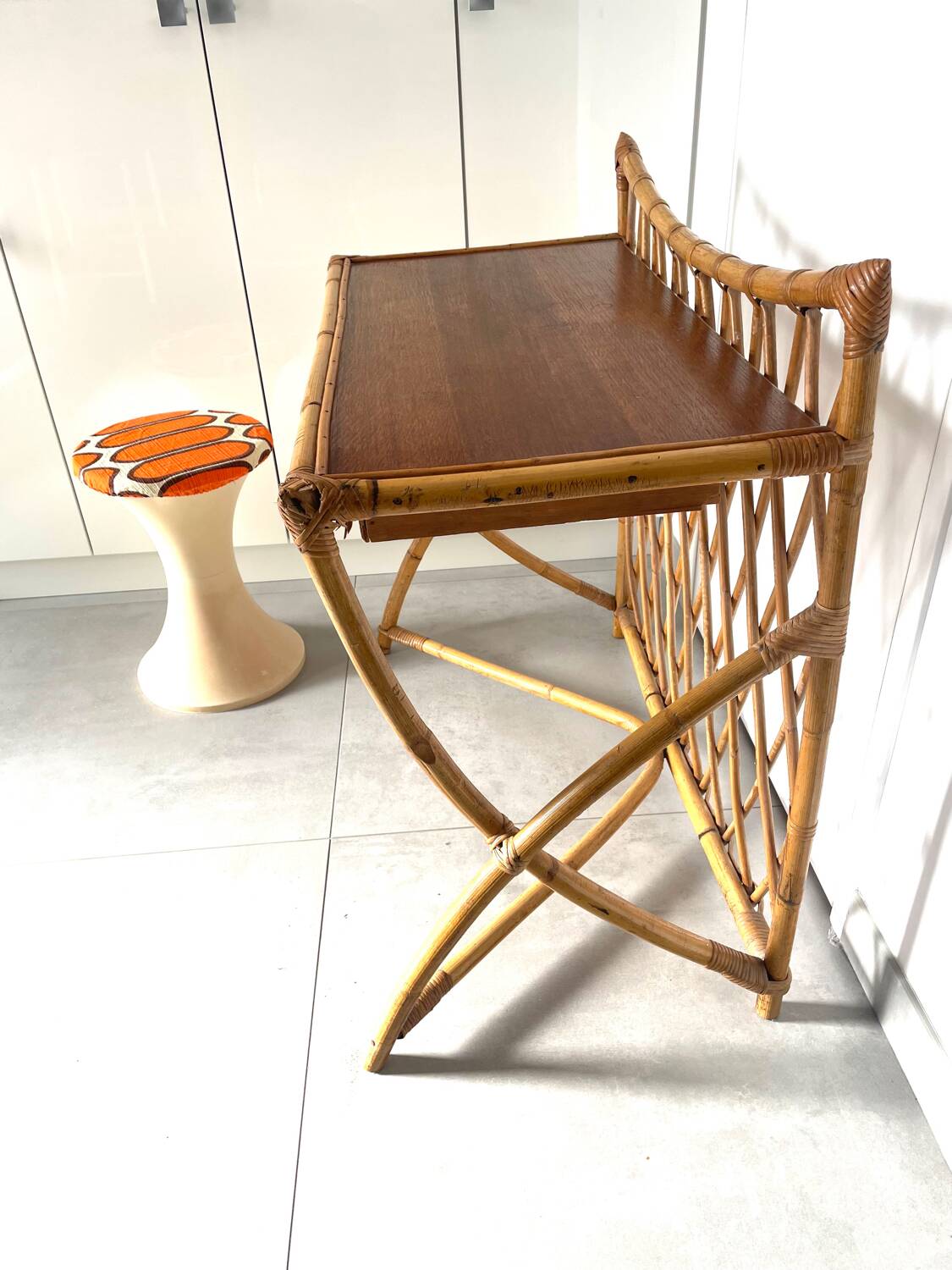 Bamboo and rattan desk and stool