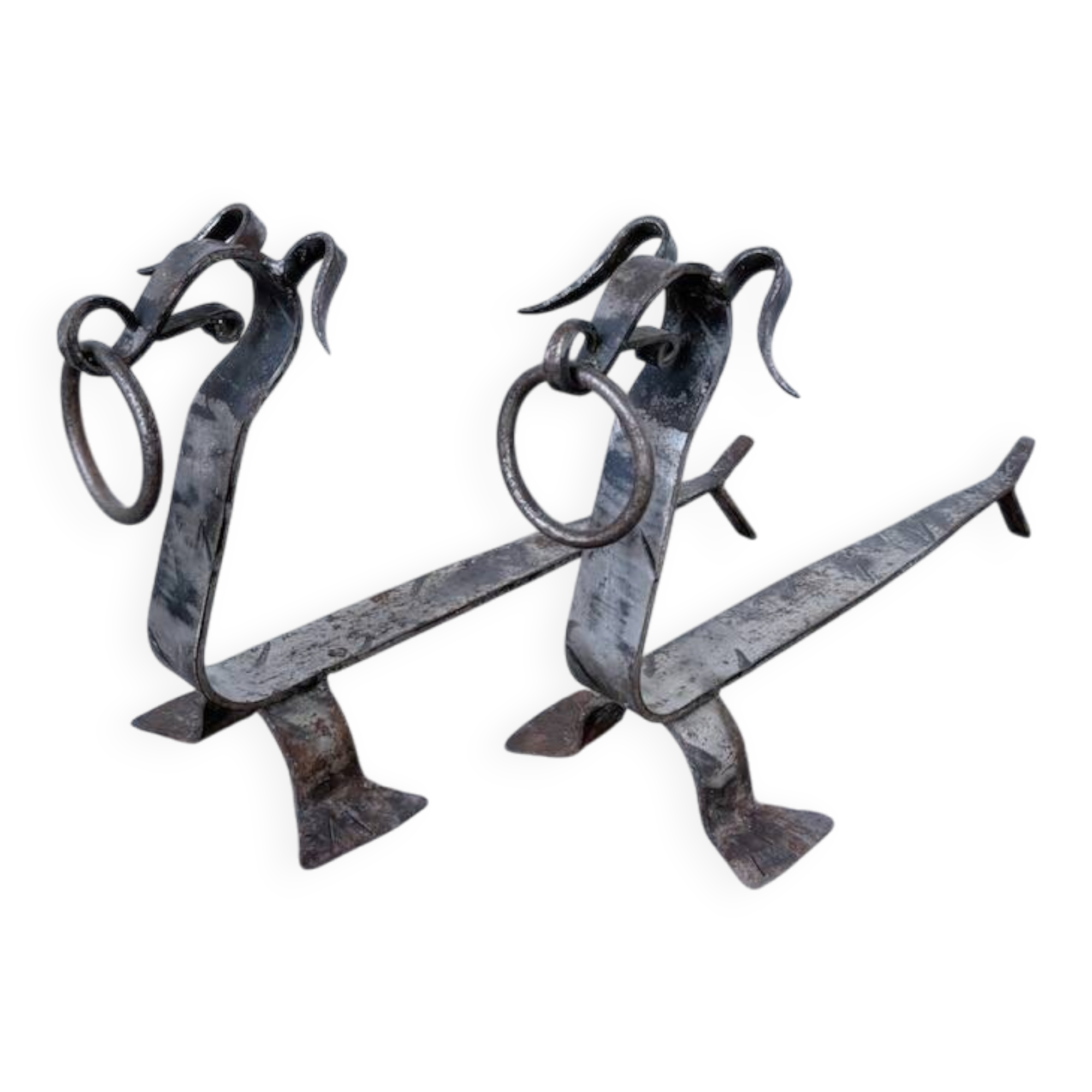 Pair of zoomorphic metal andirons "dogs" 1950