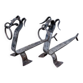 Pair of zoomorphic metal andirons "dogs" 1950