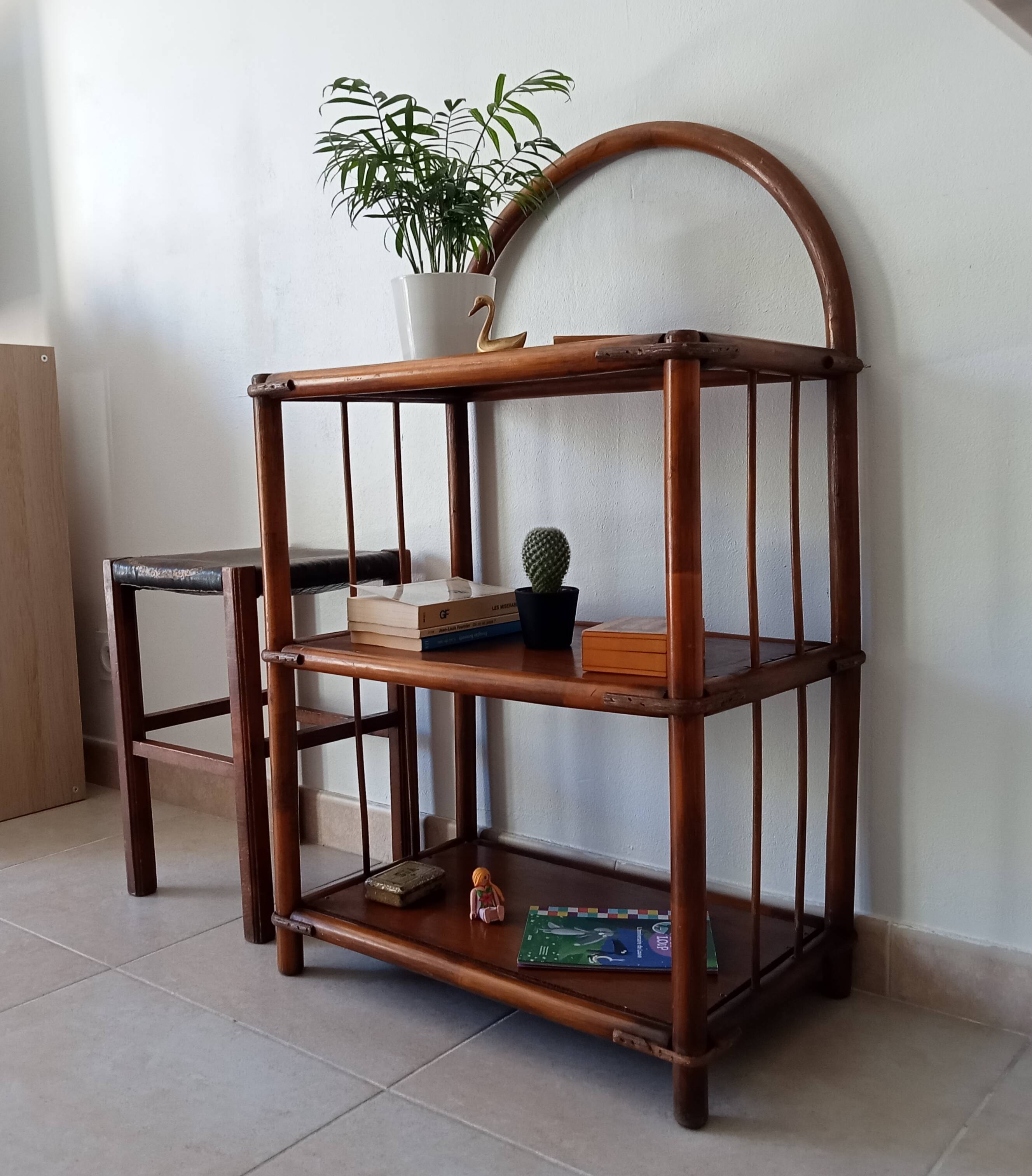 Vintage bamboo and rattan standing shelf