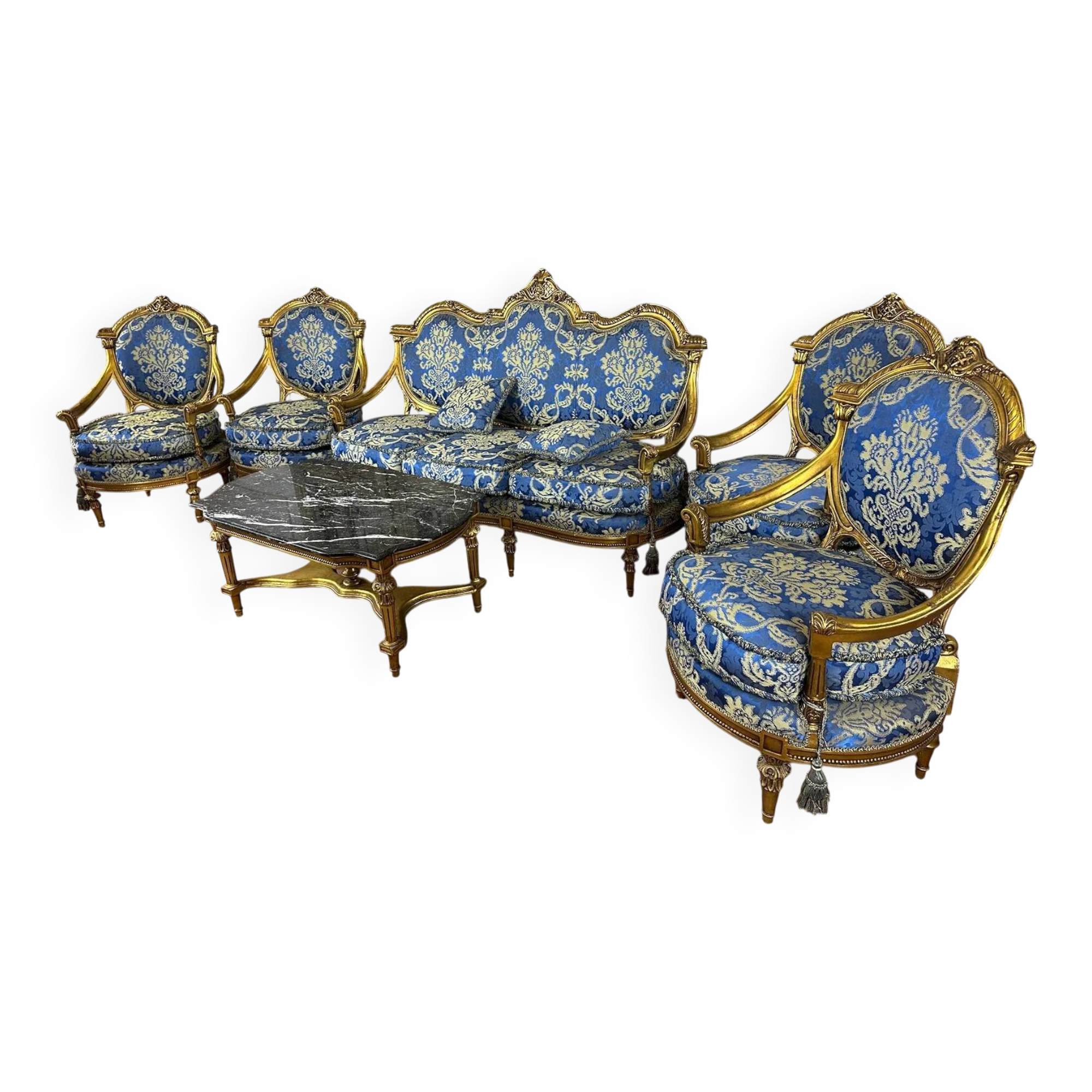 Salon Louis XVI doré complet - Canapé 3 places + 4 fauteuils