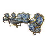Salon Louis XVI doré complet - Canapé 3 places + 4 fauteuils