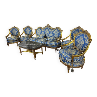 Salon Louis XVI doré complet - Canapé 3 places + 4 fauteuils