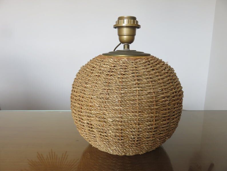 Ball lamp in rope, rattan, ceramic and brass 70s