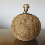Ball lamp in rope, rattan, ceramic and brass 70s