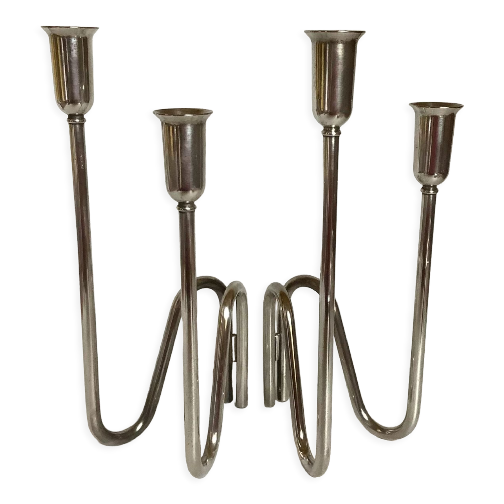Pair of modernist candle holders silver metal PM Italy