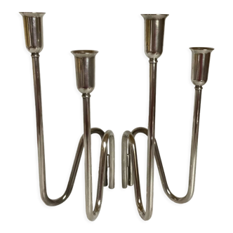 Pair of modernist candle holders silver metal PM Italy
