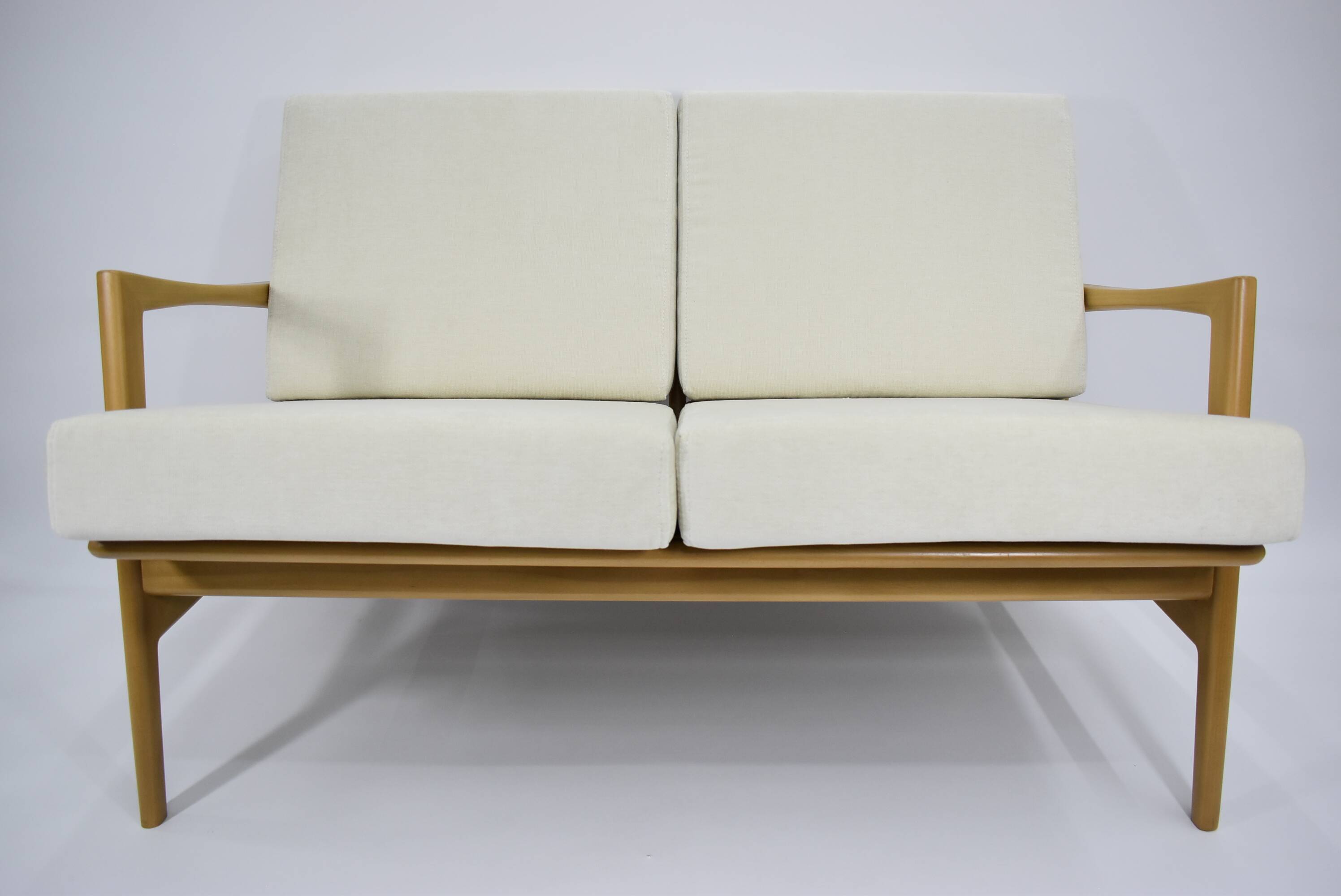 Original restored two-seater Sofa, cream, teak, 1960s