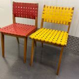 Paire chaises rouge et jaune style Risom vers 1950