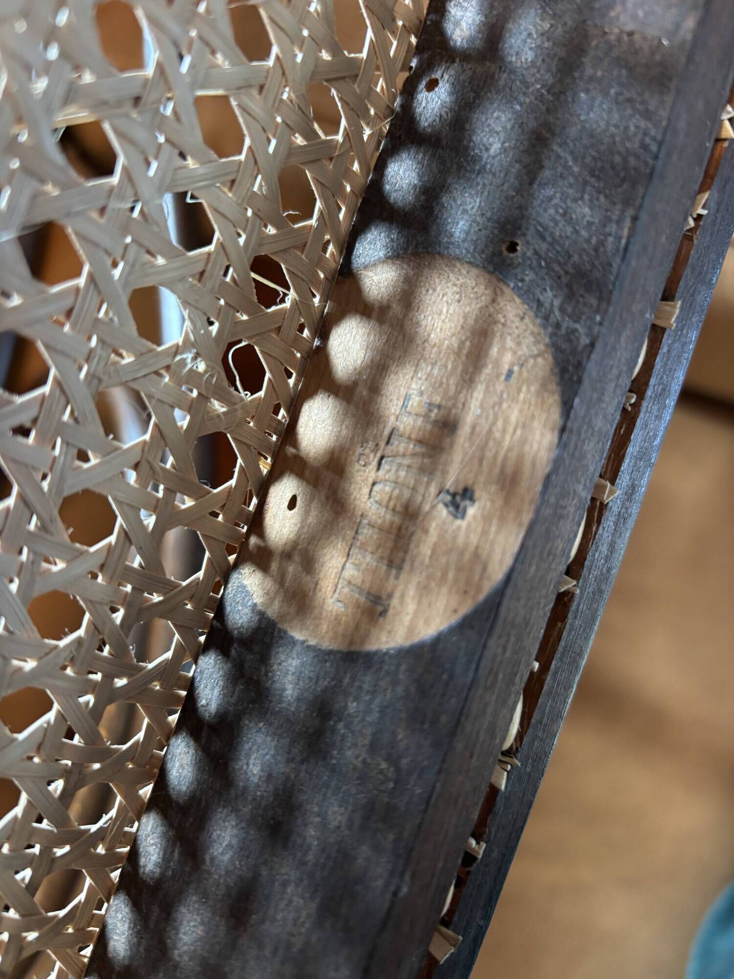 Antique Thonet bench in bent wood and caning, signed.