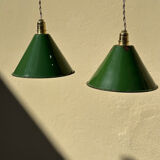 Pair of vintage industrial retro conical enamelled sheet metal pendant lights