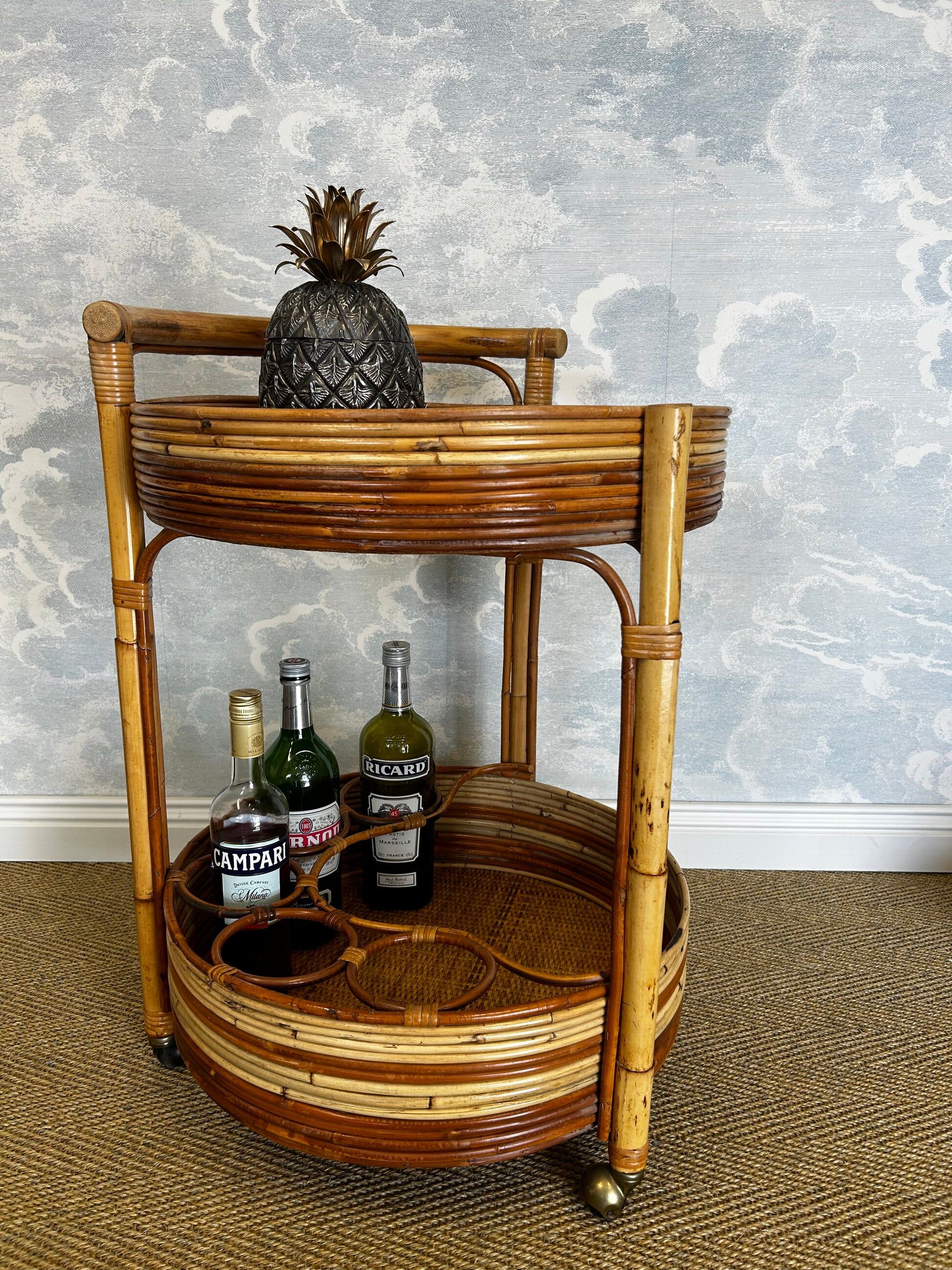 2-tiered round bamboo bar cart in the style of Vivai del Sud, Italy, 1960s