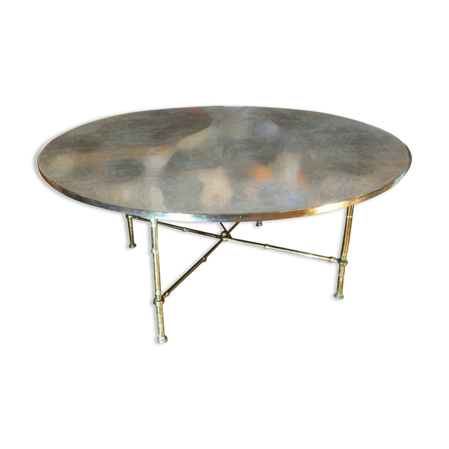 Table basse en bronze doré, verre façon miroir doré, circa 1940