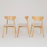 Ensemble de 6 chaises de salle à manger modernes, tissu écru et bois de hêtre naturel
