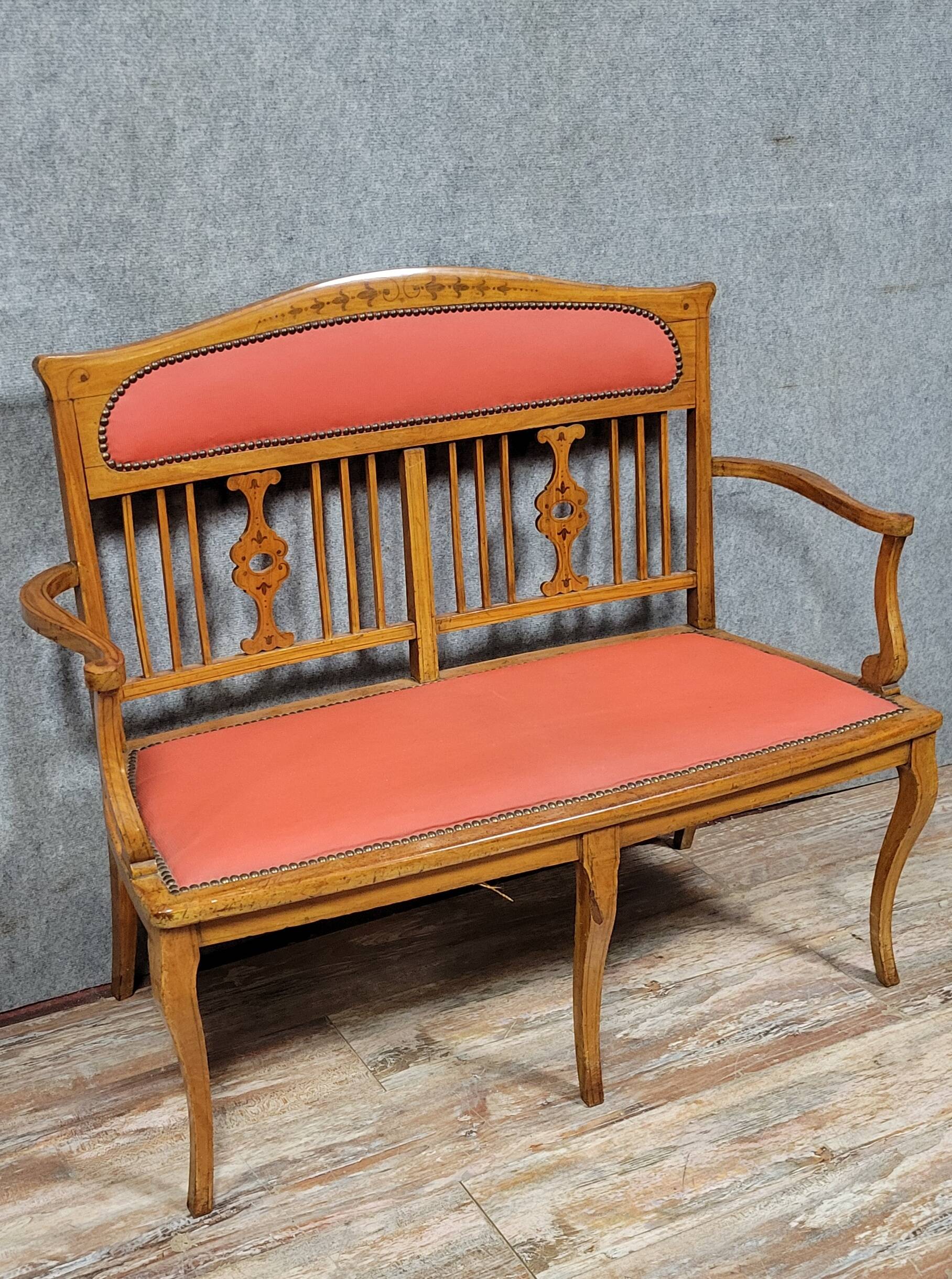 Art Nouveau period bench in light wood and marquetry circa 1900