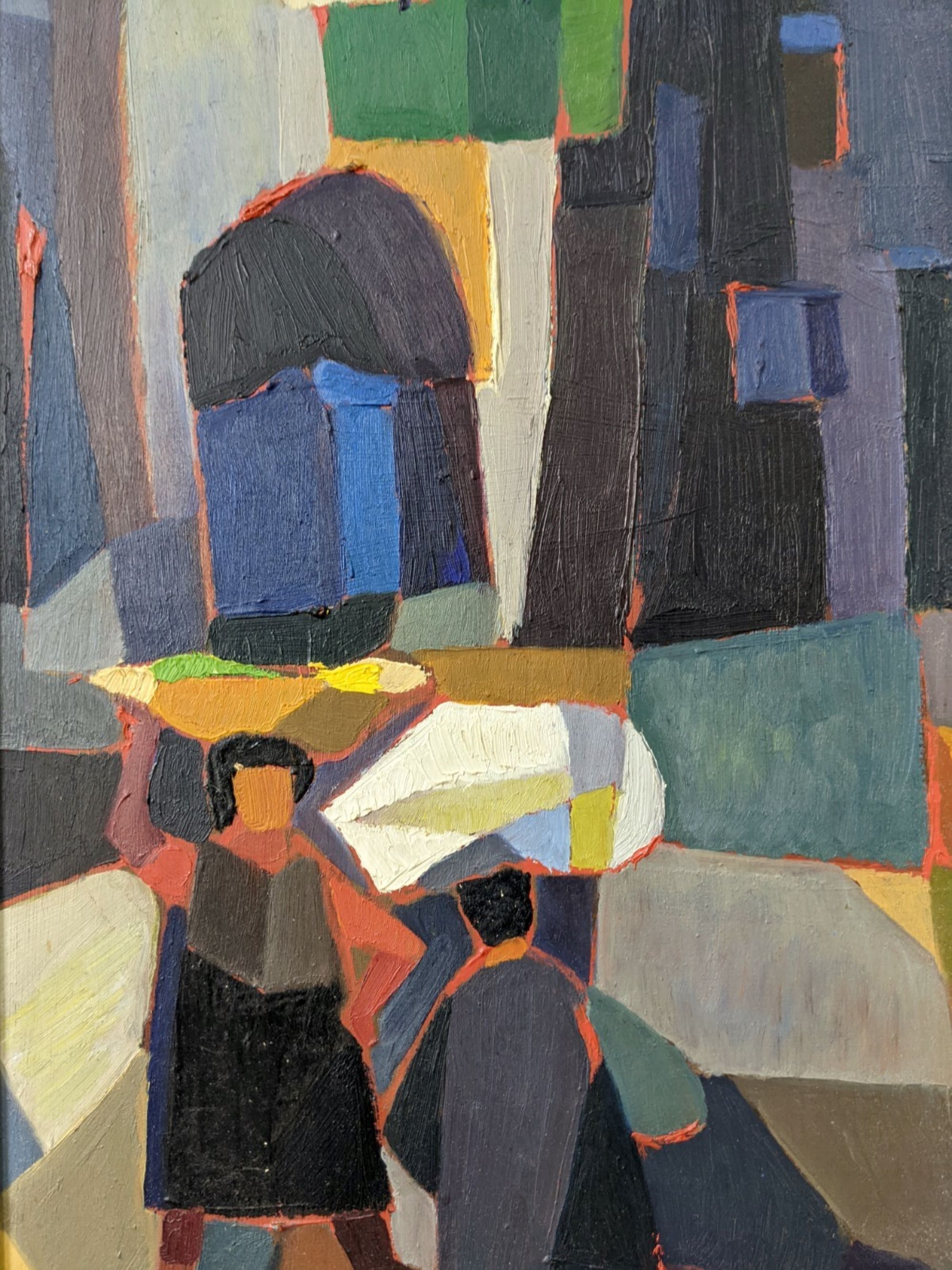 Mid-century modern swedish "streets of portugal" street scene oil painting, framed