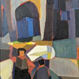 Mid-century modern swedish "streets of portugal" street scene oil painting, framed