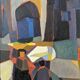 Mid-century modern swedish "streets of portugal" street scene oil painting, framed