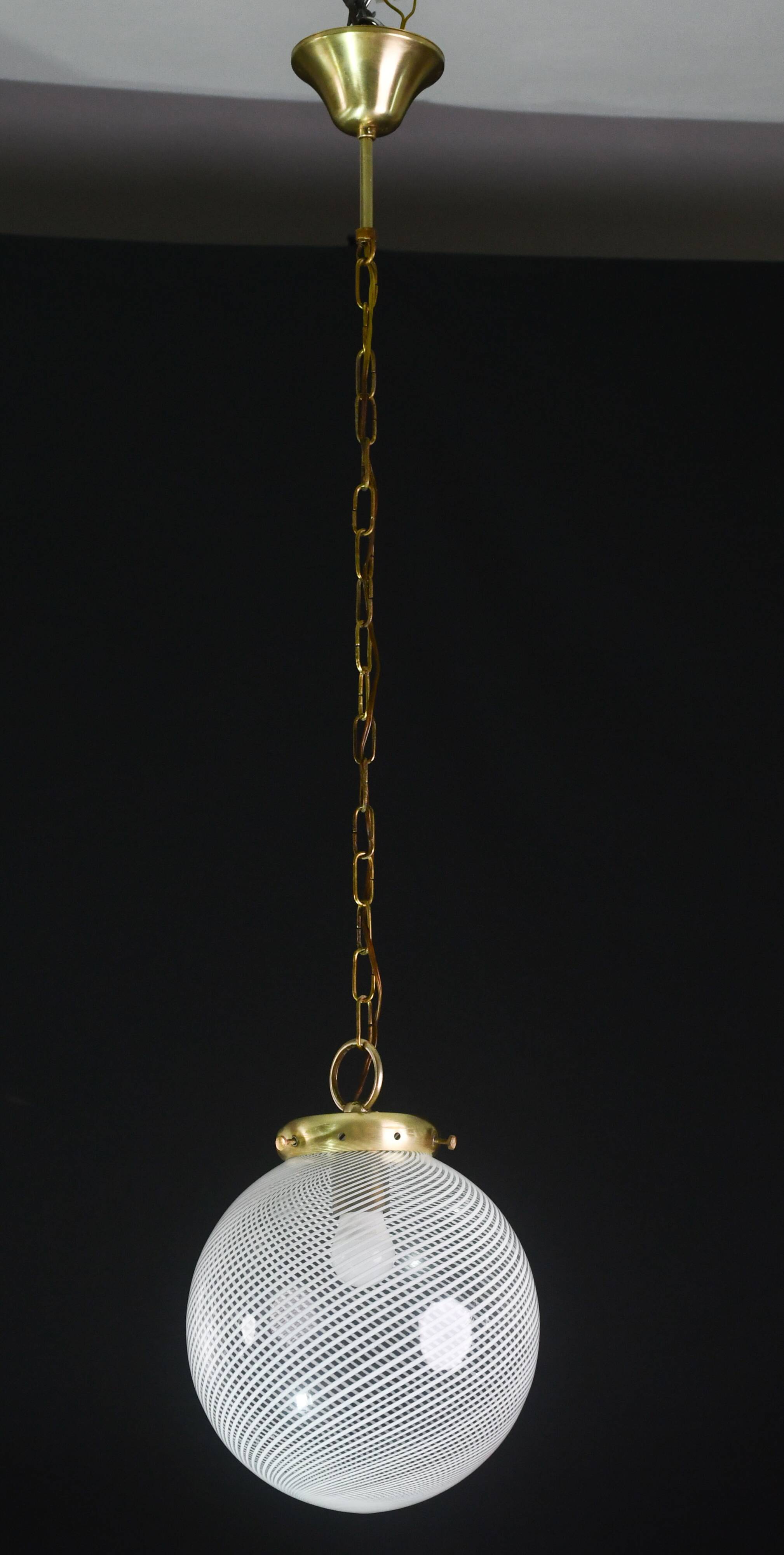 Italian Mid-Century Pendant Light with Optic Spiral Glass Globe and Restore Bras