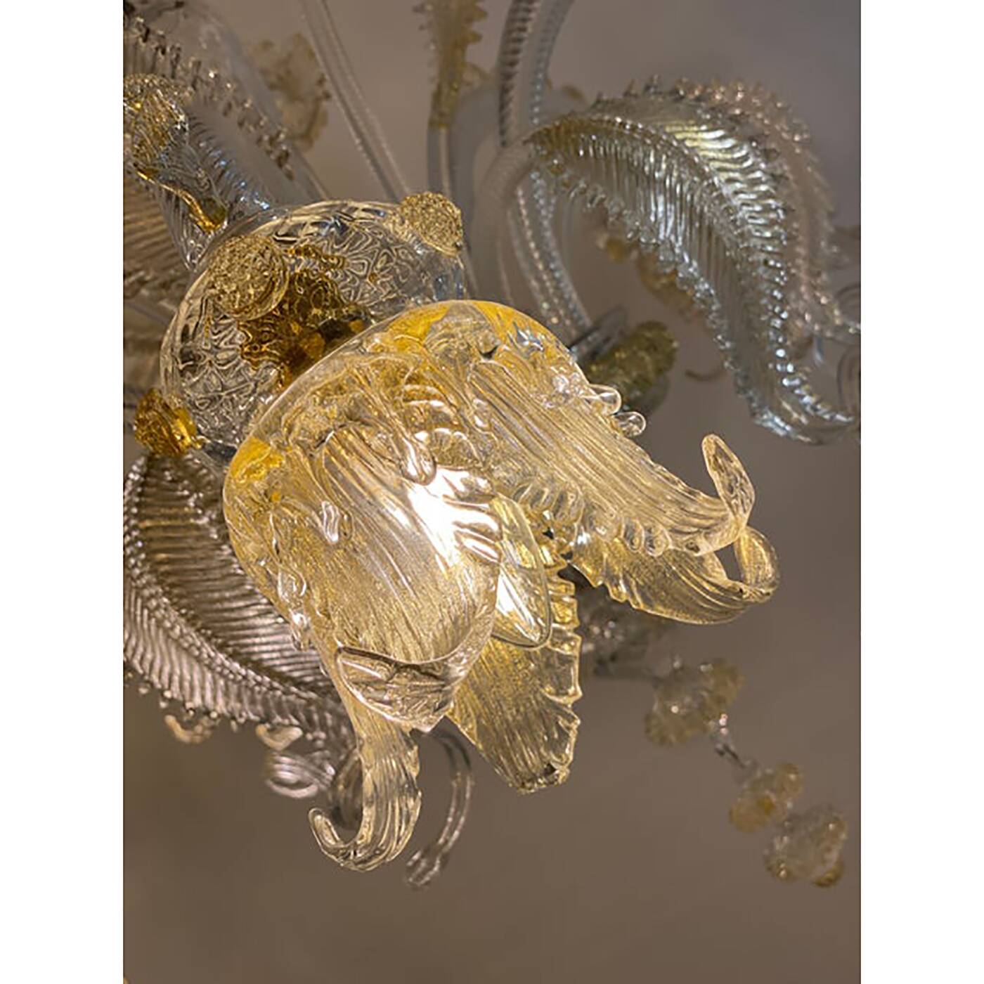 Glass Clear and Gold Chandelier With Flowers and Leaves