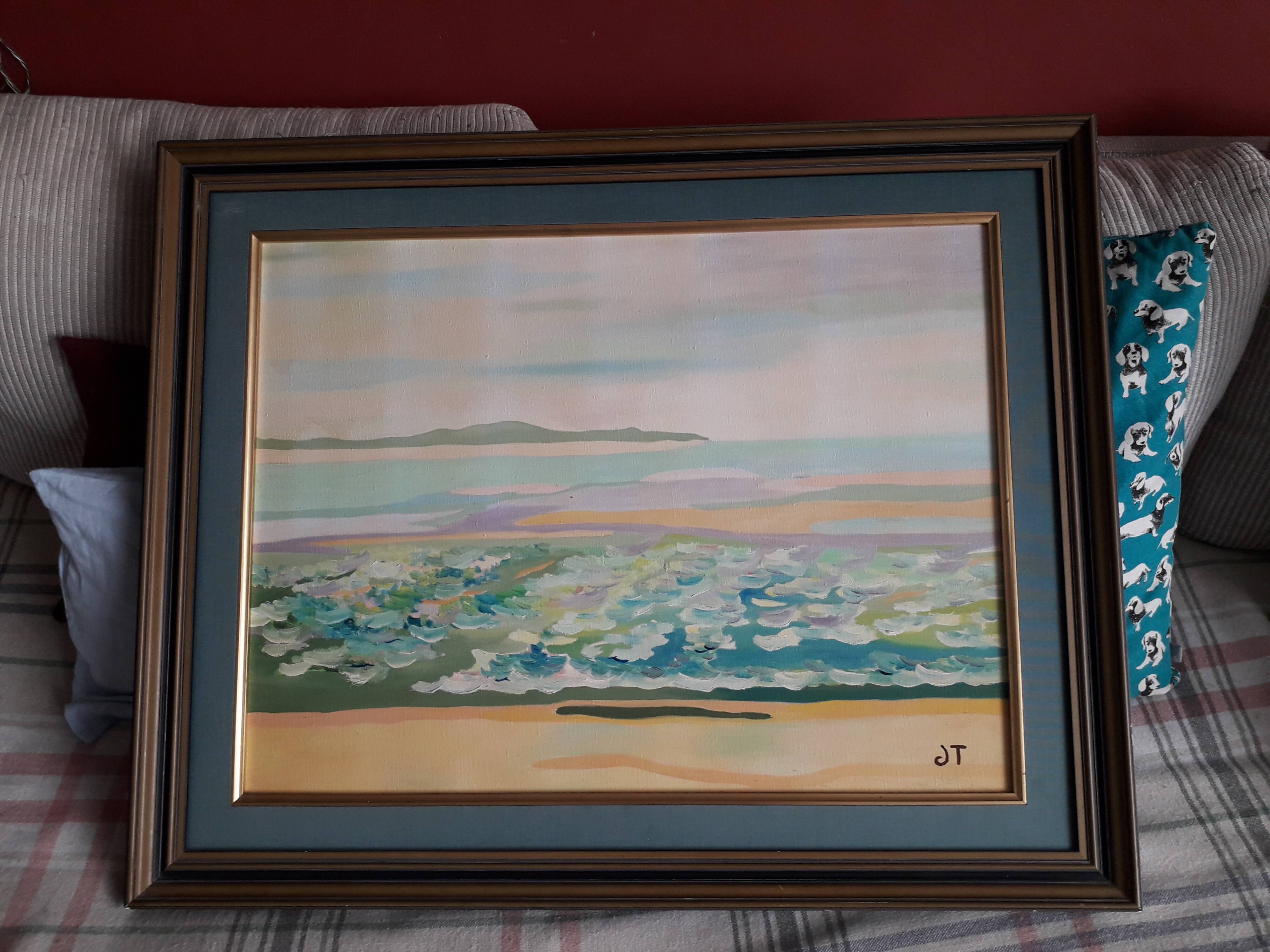 Antique oil painting depicting a seaside scene