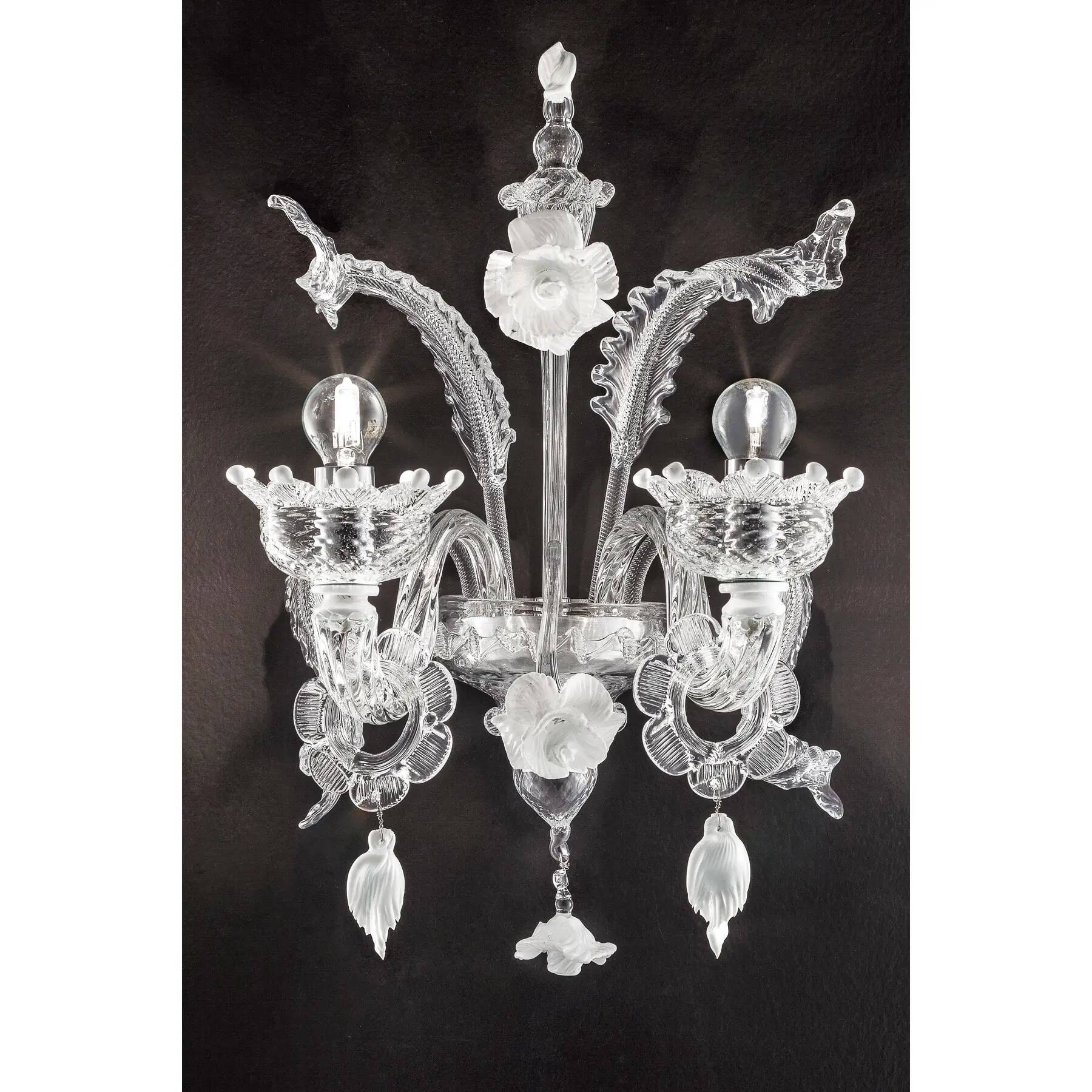 Venetian Style Transparent & White Floral Murano Glass Wall Light