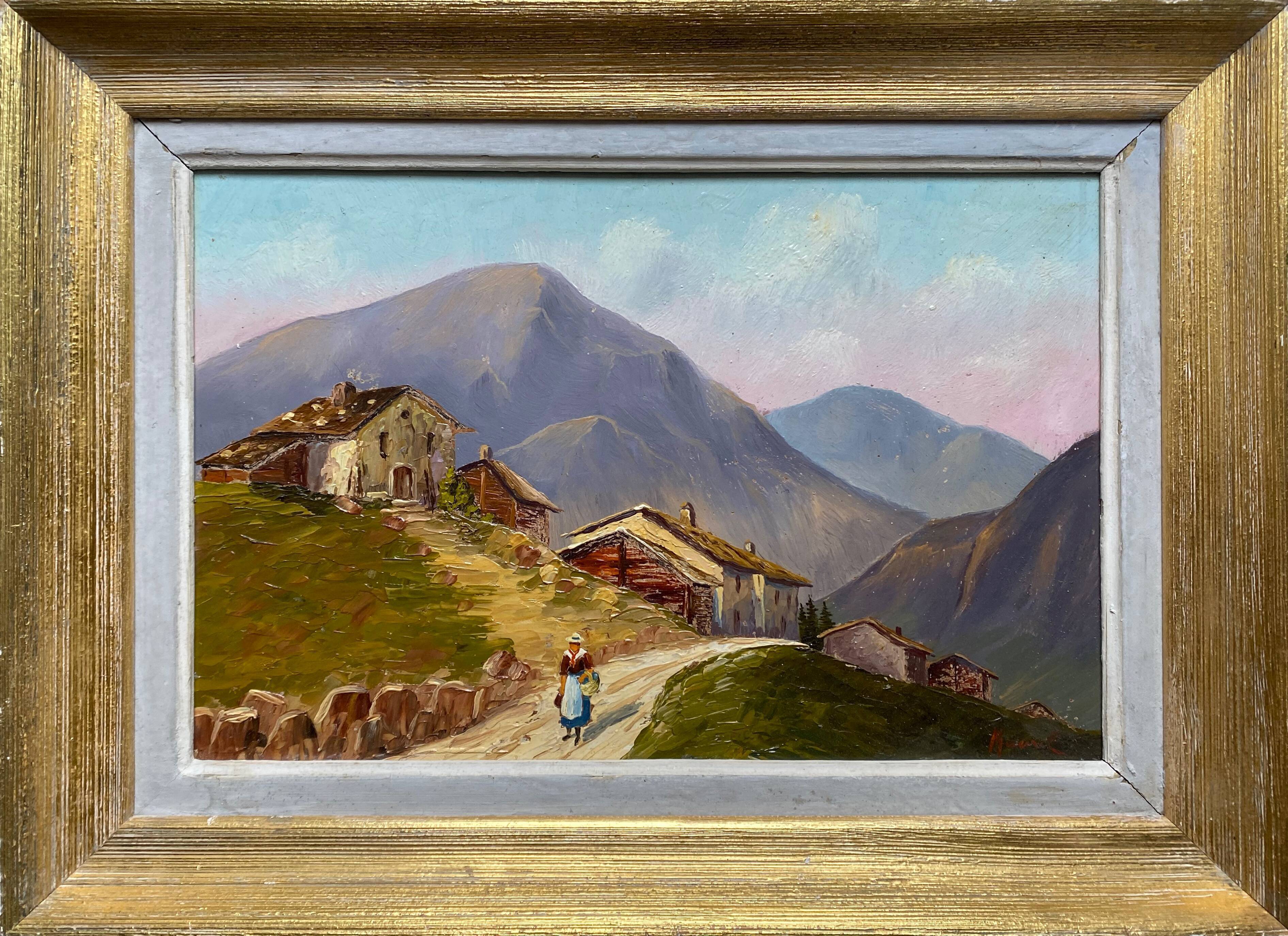 Painting Lively Mountain Landscape Alpine Chalets signed Maurel + frame