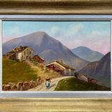 Painting Lively Mountain Landscape Alpine Chalets signed Maurel + frame