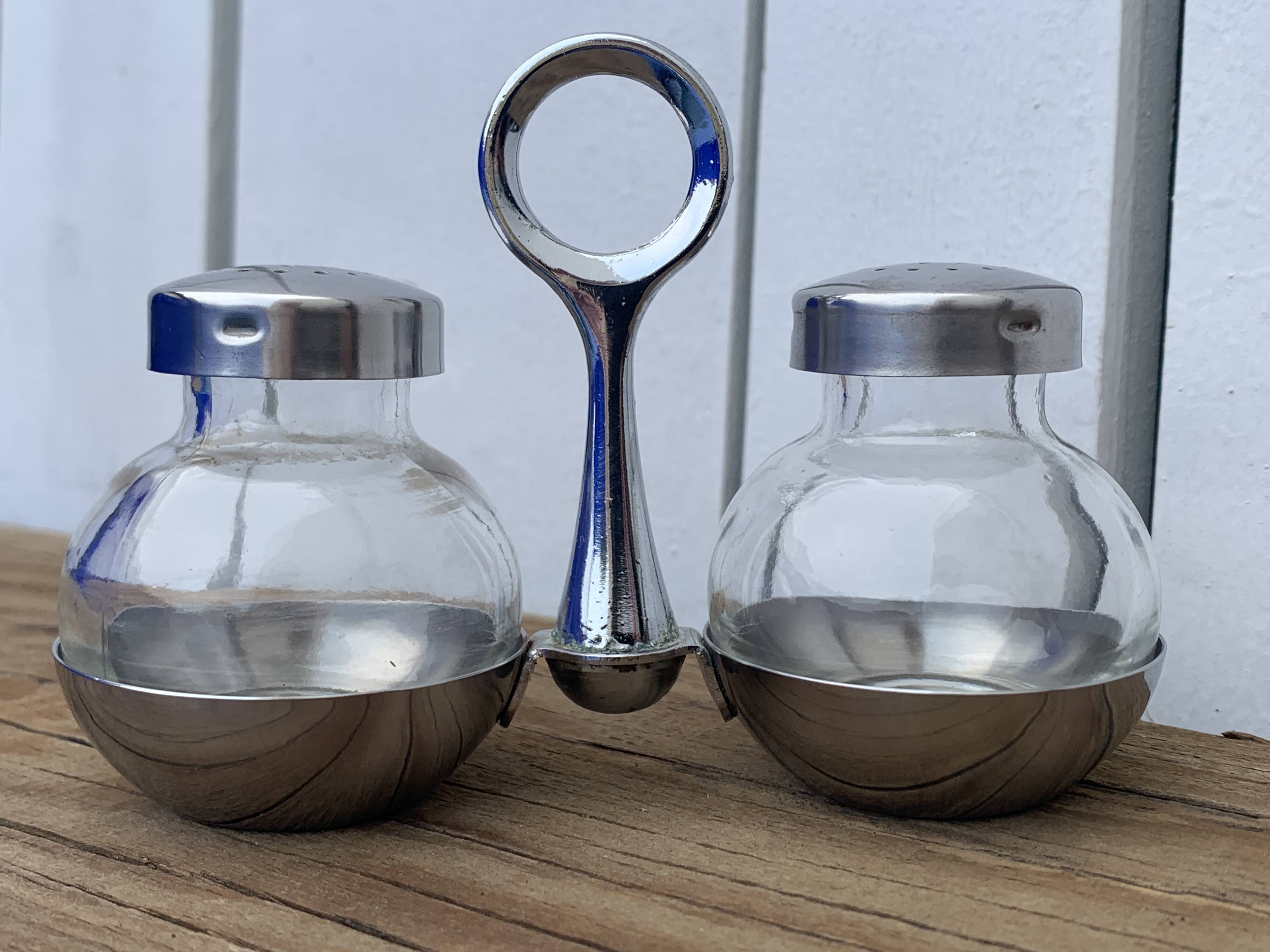 German salt and pepper shaker WMF in metal and glass, 1970