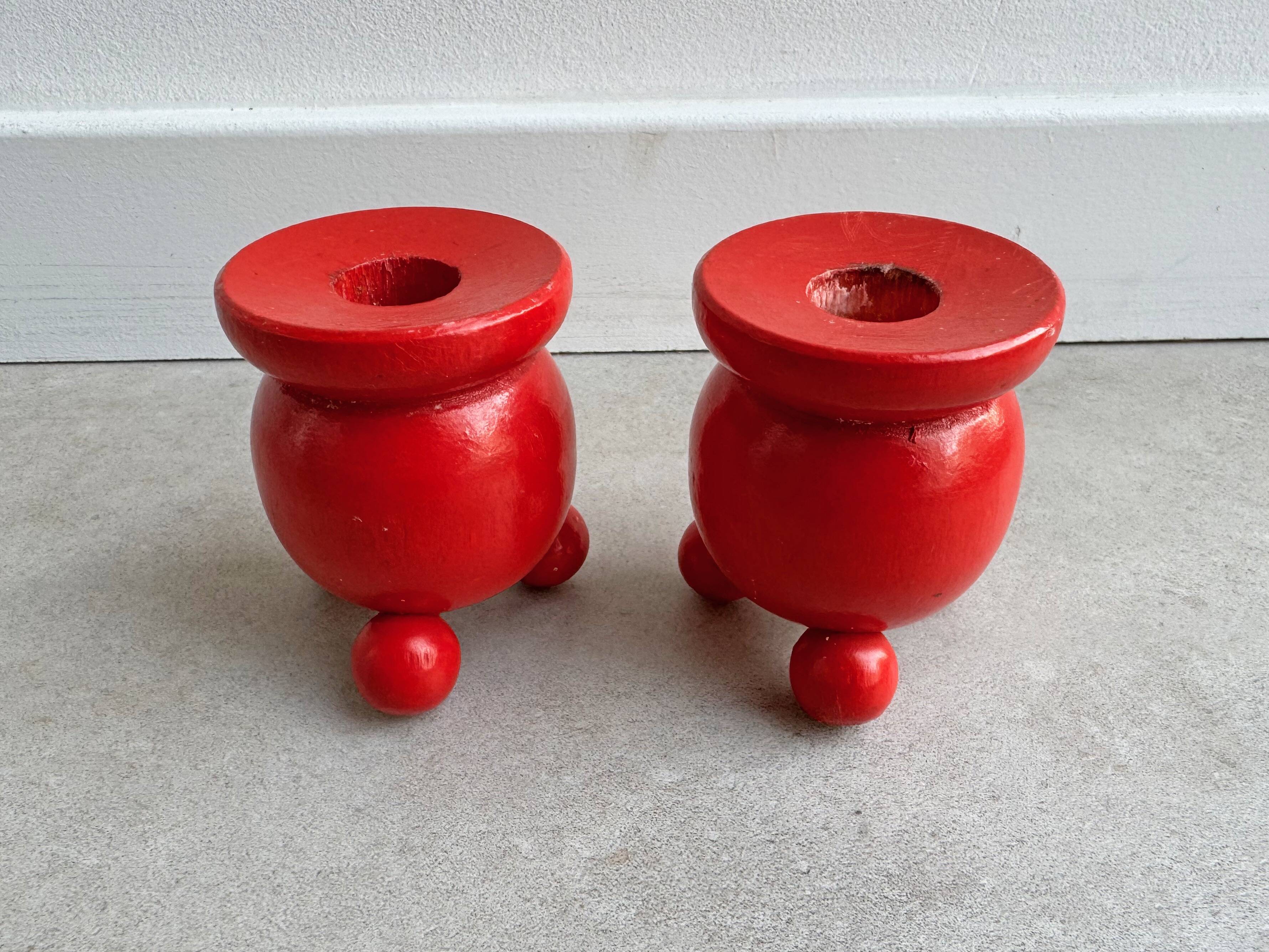 Set of 2 Vintage Scandinavian candle holders - red wood