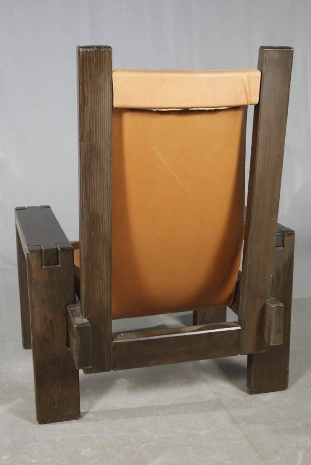 Brutalist Design Armchair Wood and Leather Vintage 1970s