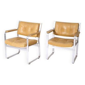 Leather and aluminum armchairs "Karl" by Erik Ekselius, 1960s