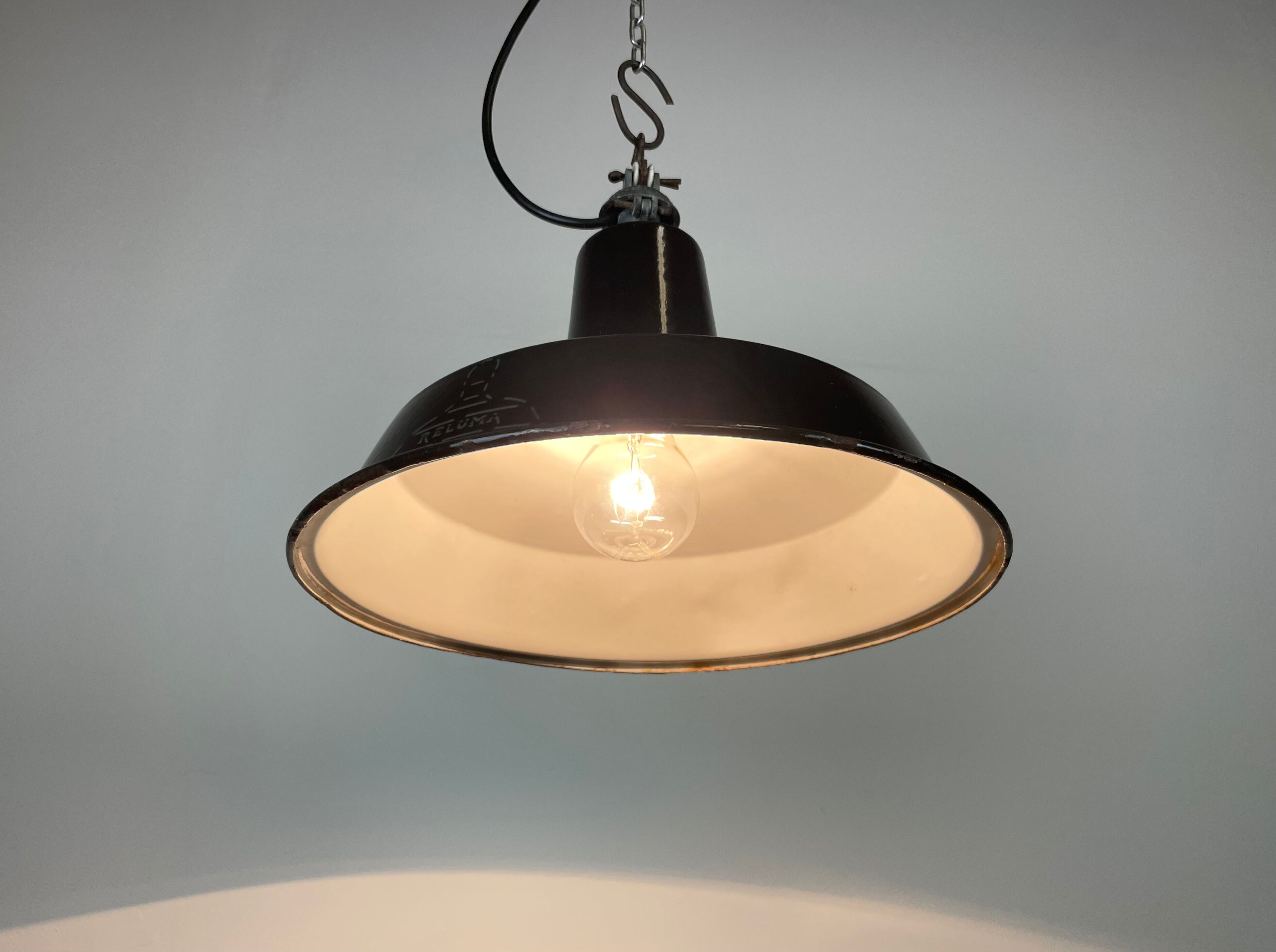 Industrial Black Enamel Hanging Lamp from Reluma, 1950s
