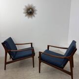 Set of 2 Scandinavian design teak armchairs from the 60s, new blue fabric