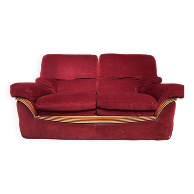 Ancien Canapé Art Déco En Velour Rouge Bordeaux & Décor Bois