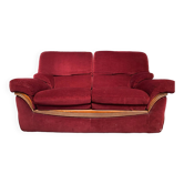 Ancien Canapé Art Déco En Velour Rouge Bordeaux & Décor Bois