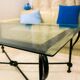 Table basse vintage – verre biseauté & fer forgé – 119×69×44 cm