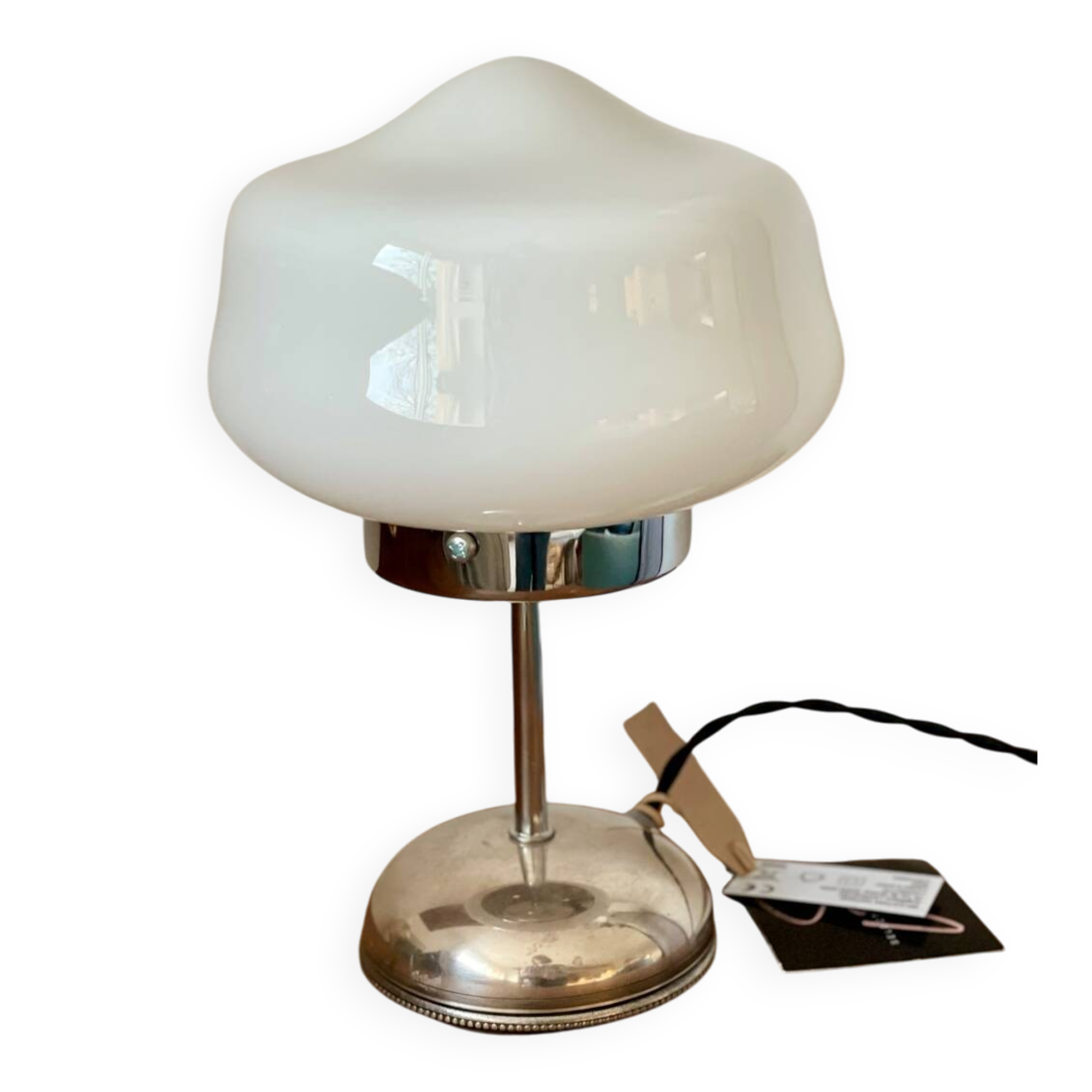 White opaline lamp with silver metal.