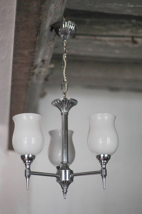 Suspension opaline vintage, lustre 3 feux globe opaline blanc