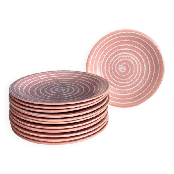 Service d’assiettes en céramique Longchamp rose marbré - assiette vintage