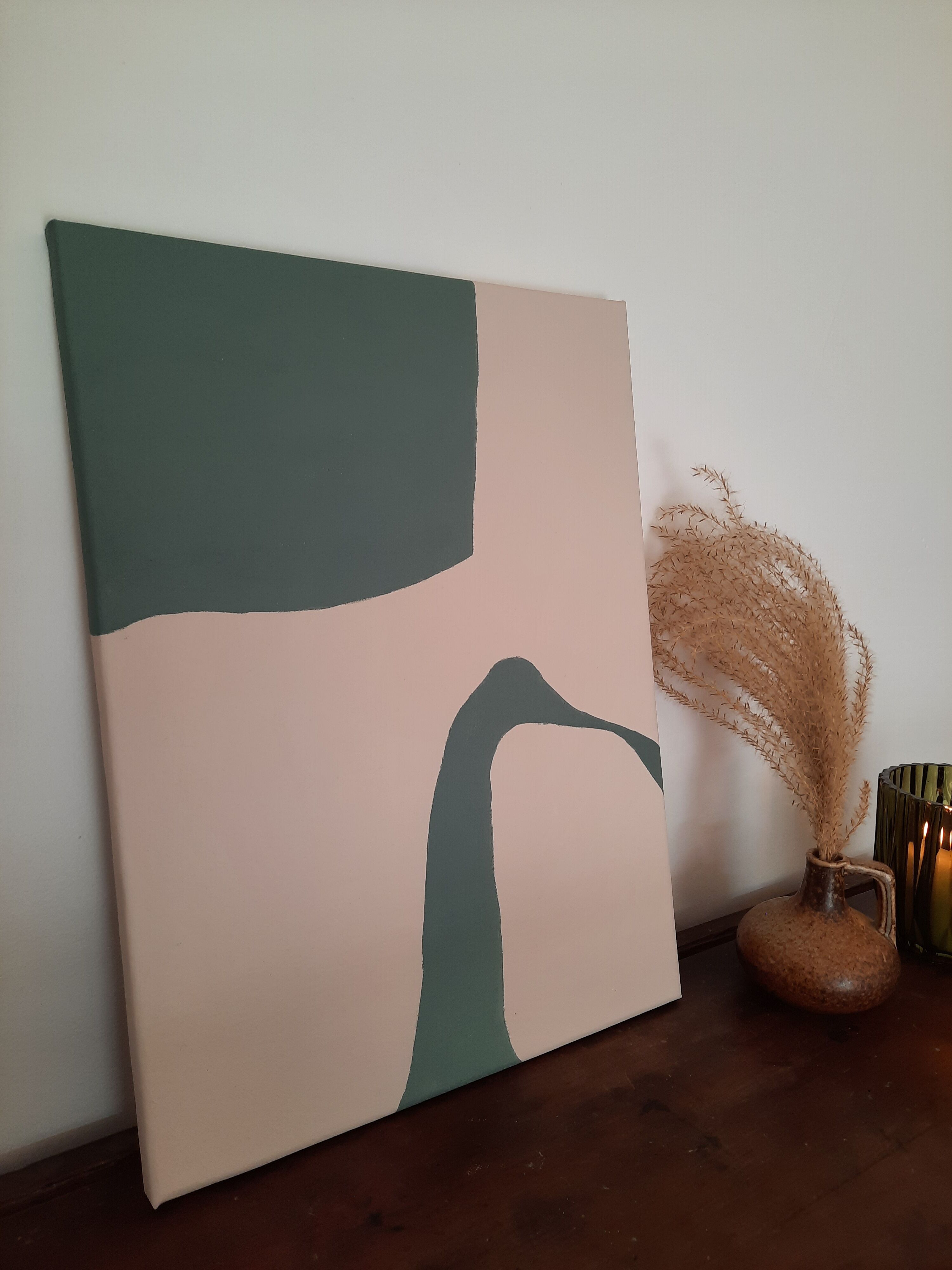 Tableau abstrait beige et vert de gris