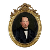 Ancien tableau hst portrait homme médaillon encadrement doré style louis xv