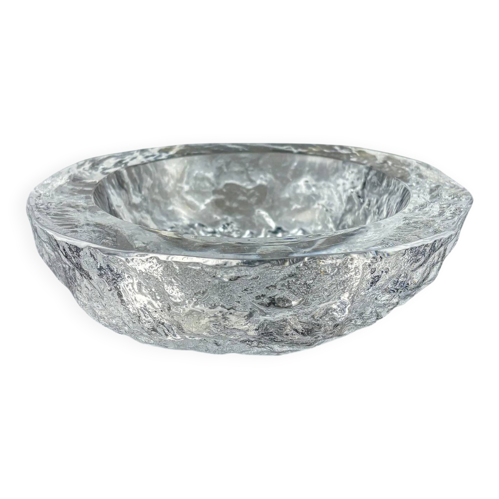 Brutalist "Iceberg" catch-all bowl, textured crystal glass, Sweden, 1970s