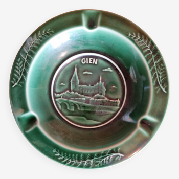 Cendrier vert vintage représentant la ville de Gien en faience de Gien