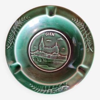 Vintage green ashtray representing the town of Gien in Gien earthenware