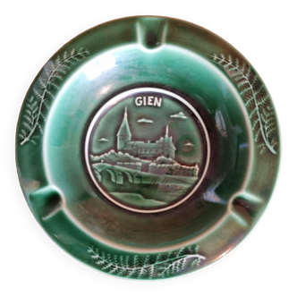 Cendrier vert vintage représentant la ville de Gien en faience de Gien