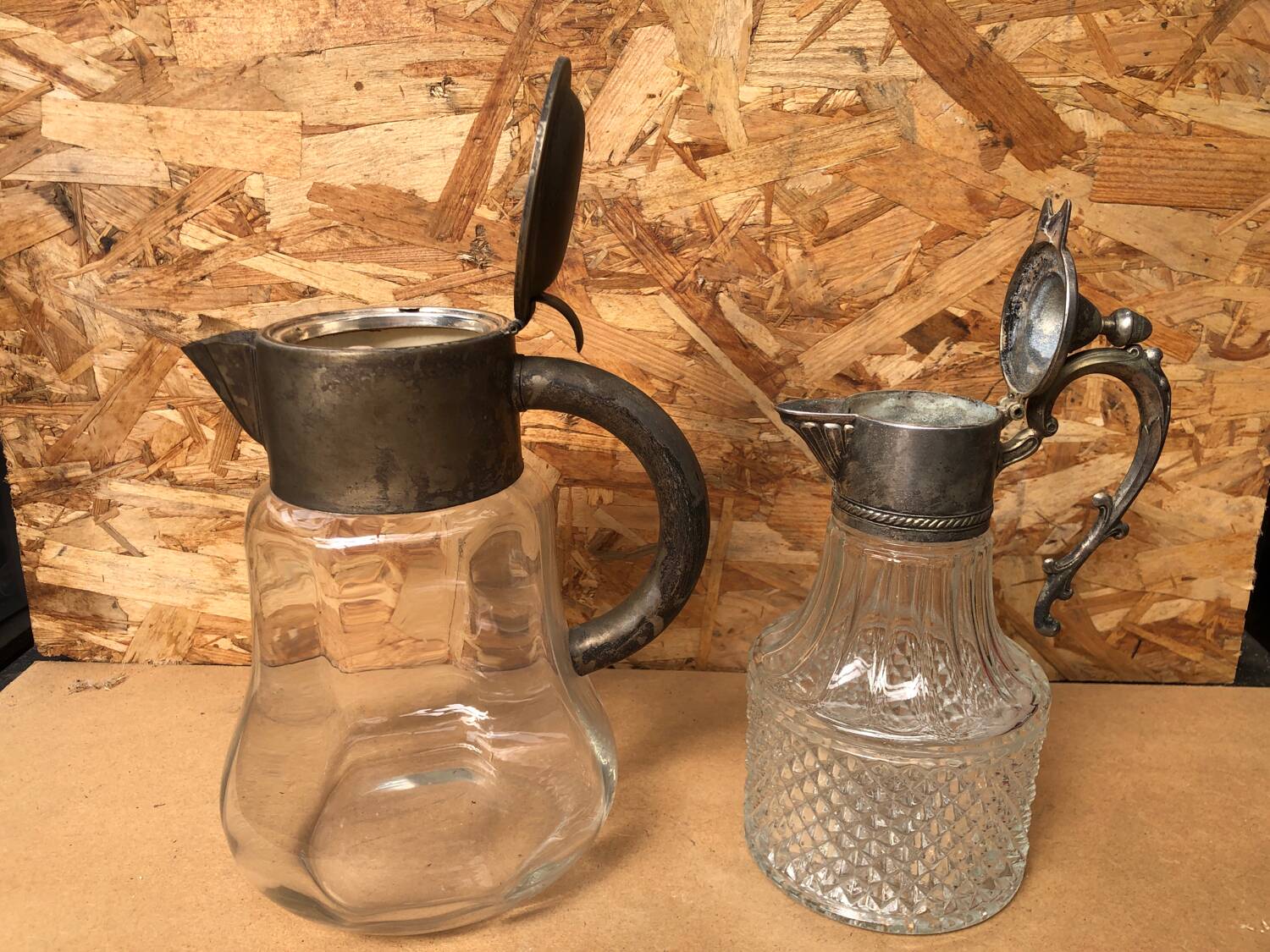 Pair of cast glass & vintage metal refresher pitcher